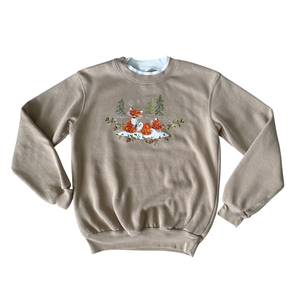 Retro Fox Winter Embroidery Crewneck Sweatshirt Tan Pullover Cottagecore S